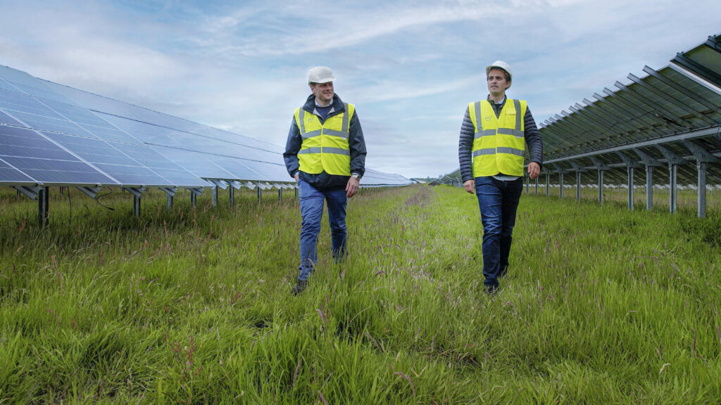 Zwei Projektentwickler mit Warnwesten und Helmen laufen über einen Solarpark